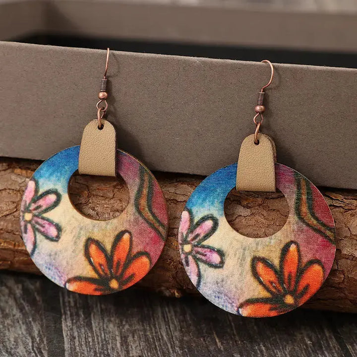 LOVCIA Rustic Wooden Blossom Circle Earrings for Women