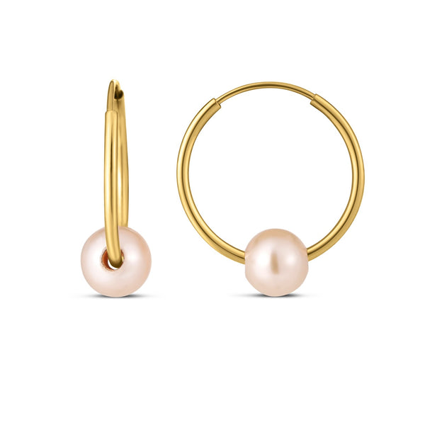 LOVCIA Luxury Radiant 14K Yellow Gold Hoop Earrings with 5-6mm Pearls