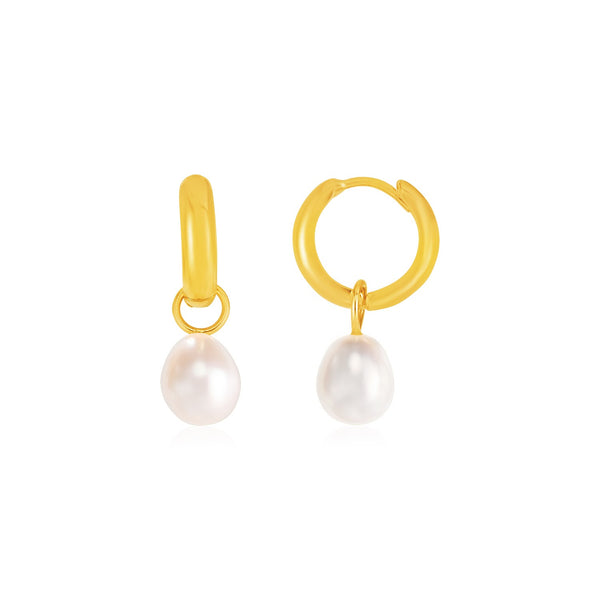 LOVCIA Luxury Elegant 14k Yellow Gold Pearl Adorned Huggie Earrings