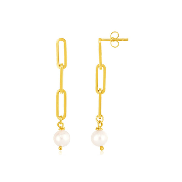 LOVCIA Luxury Classic 14k Gold Paperclip Chain Earrings with Round Pearl Accent