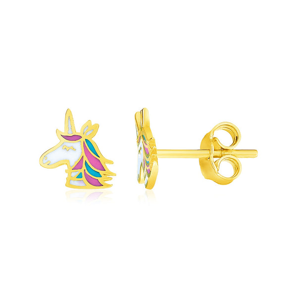 LOVCIA Luxury Enchanting 14k Yellow Gold Unicorn Earrings for Children