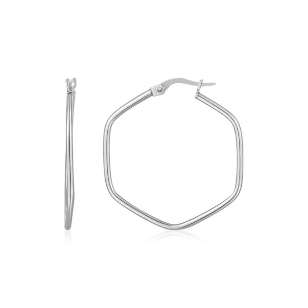 LOVCIA Luxury Glamorous 14K White Gold Hexagon Hoop Earrings with Rounded Edges