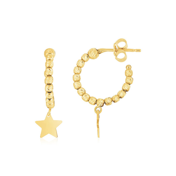 LOVCIA Luxury Radiant Star Charm Beaded Hoop Earrings in 14K Yellow Gold