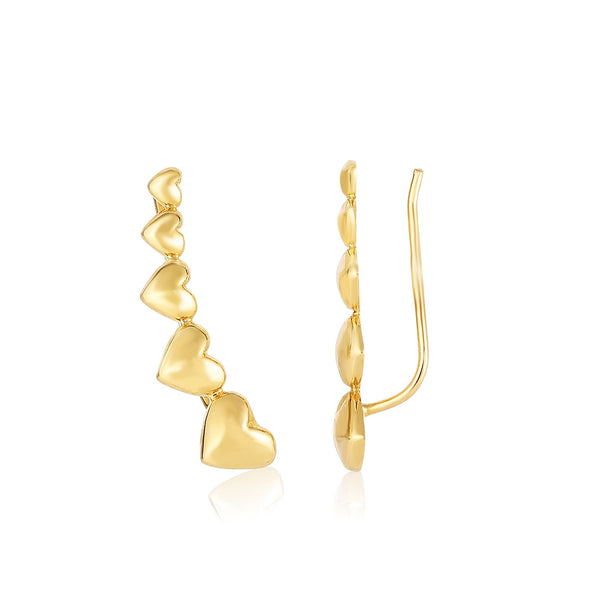 LOVCIA Luxury Classic 14k Yellow Gold Heart Climber Earrings with Graduated Design