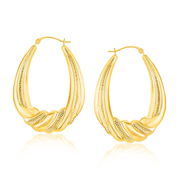 LOVCIA Luxury Exquisite 14k Yellow Gold Textured Scallop Oval Hoop Earrings