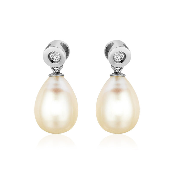 Sterling Silver Earrings with Pear Shaped Freshwater Pearls and Cubic Zirconias