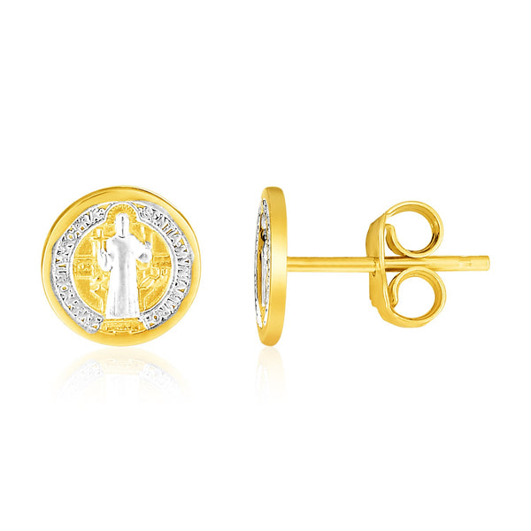 14k Two-Tone Gold Round Religious Medallion Post Earrings (8mm)