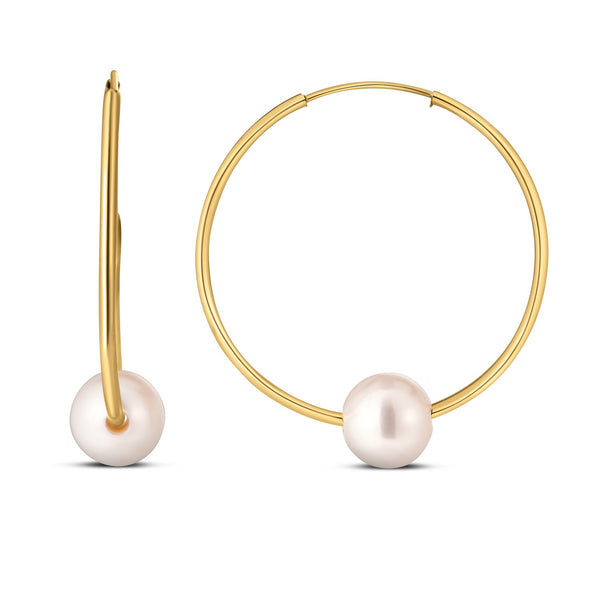 LOVCIA Luxury 14k Yellow Gold Endless Hoop Pearl Earrings (25mm Diameter)