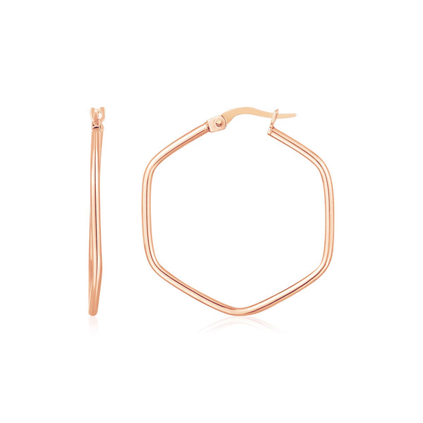 14K Rose Gold Hexagon Hoop Rounded Edge Earrings