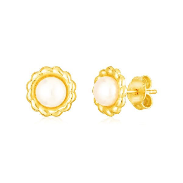 LOVCIA Luxury 14k Yellow Gold Floral Pearl Stud Earrings