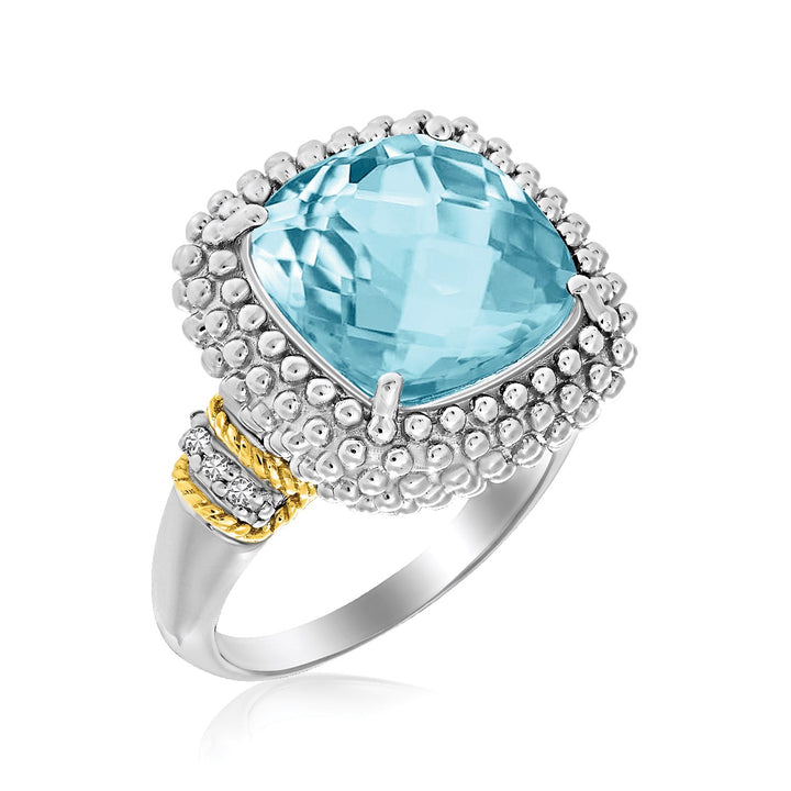 18k Yellow Gold & Sterling Silver Sky Blue Topaz and Diamond Popcorn Ring LOVCIA