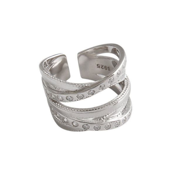 LOVCIA Ins CZ Multi Layer Cross Adjustable Ring in 925 Sterling Silver
