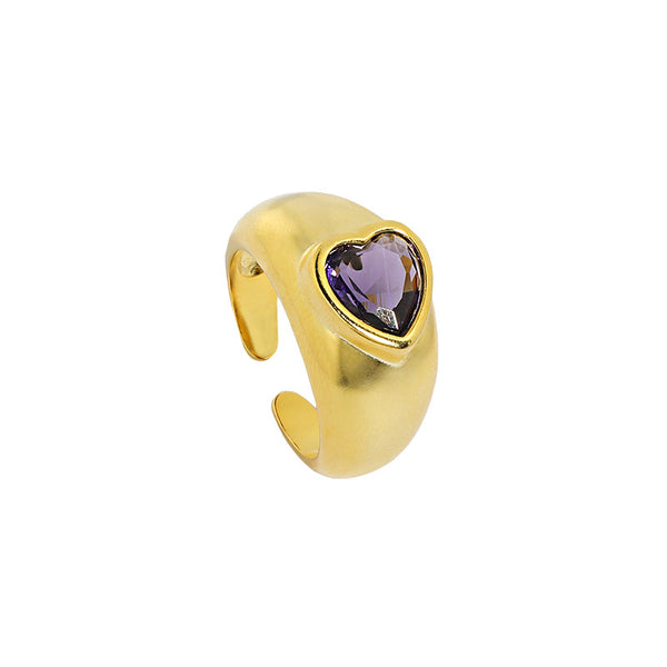Lovcia Gold Tone Heart Purple CZ Adjustable Ring Stone-Rings-Yellow Gold-