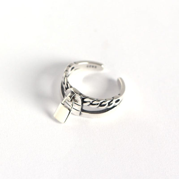 LOVCIA Vintage Chain Lock Style Adjustable Ring in 925 Sterling Silver