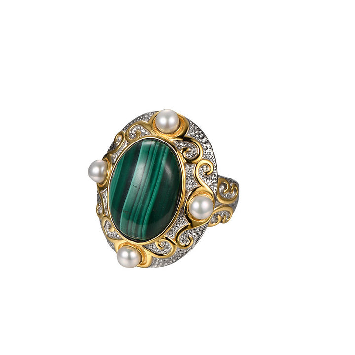 LOVCIA Oval Malachite Gemstone Cocktail Ring For Women LOVCIA