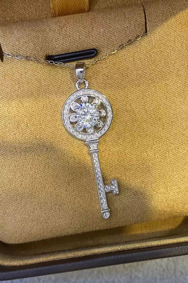 Lovcia 1 Carat Moissanite Platinum-Plated Key Pendant Necklace-Necklaces-Silver-One Size-Silver