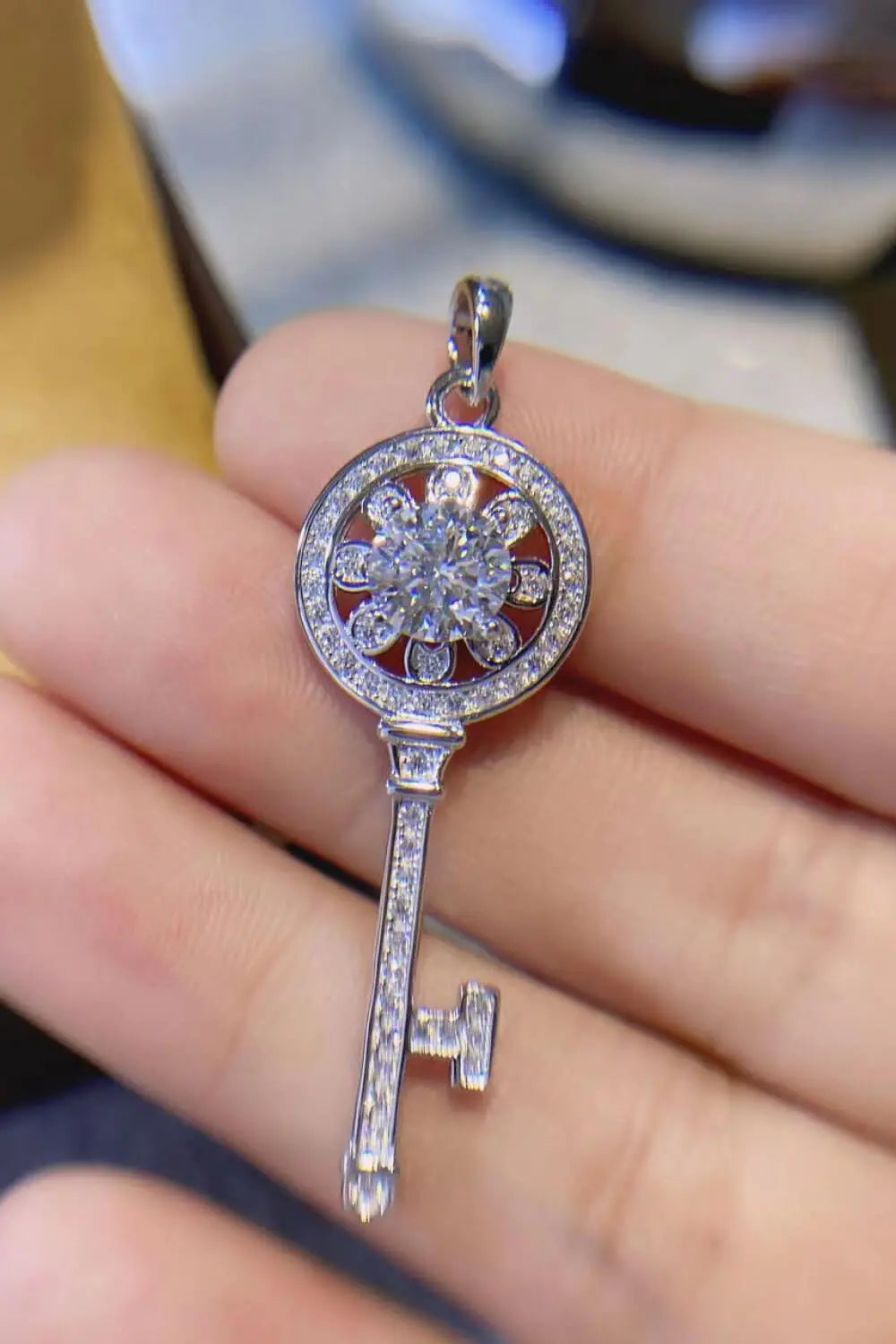 Lovcia 1 Carat Moissanite Platinum-Plated Key Pendant Necklace-Necklaces-Silver-One Size-Silver