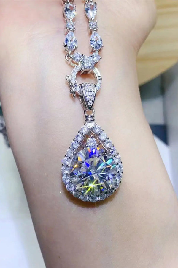 Lovcia 10 Carat Moissanite Teardrop Pendant Platinum-Plated Necklace-Necklaces-Silver-One Size-Silver