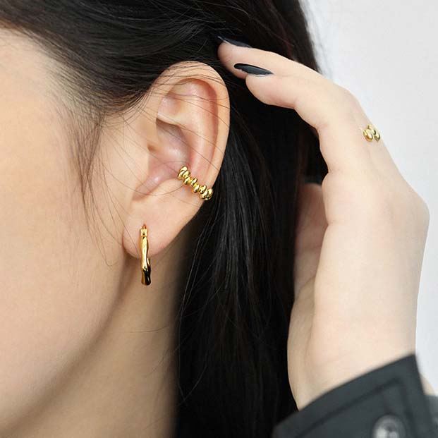 Lovcia 10mm Gold Tone Bead Hoop Non-Pierced Earrings 925-Earrings-Yellow Gold-