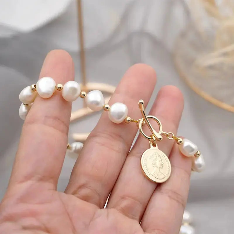 Lovcia 14K Gold Plated Freshwater Pearl Beaded Coin Bracelet for Women - Elegant Fashion Bracelet Jewellery-Bracelets-Gold Plated Coin Bracelet-Gold Plated Coin Bracelet