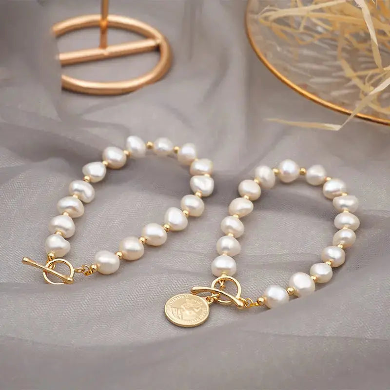 Lovcia 14K Gold Plated Freshwater Pearl Beaded Coin Bracelet for Women - Elegant Fashion Bracelet Jewellery-Bracelets-Gold Plated Coin Bracelet-Gold Plated Coin Bracelet