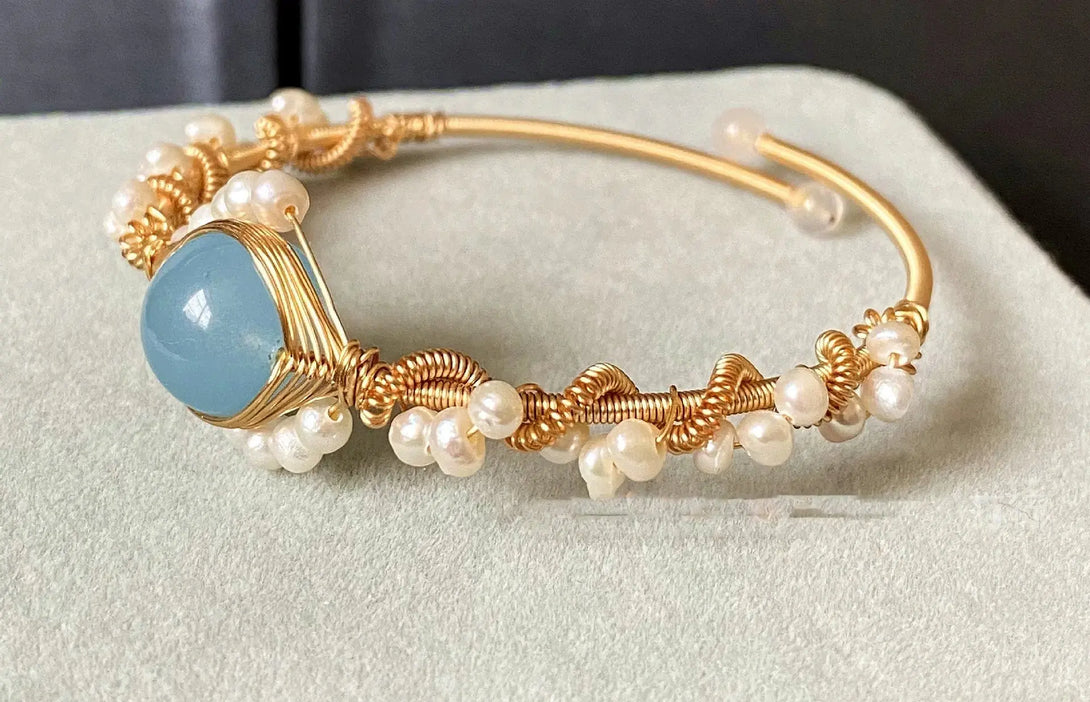 Lovcia 14K Gold Wrapped Handmade Bracelet Hailan Baohai Sapphire Natural White Pearl Bracelet-Bracelets-Gold-Gold
