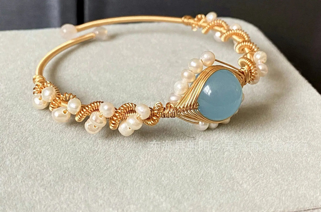 Lovcia 14K Gold Wrapped Handmade Bracelet Hailan Baohai Sapphire Natural White Pearl Bracelet-Bracelets-Gold-Gold
