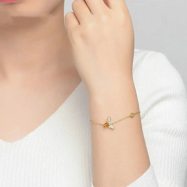 Lovcia 14K Yellow Gold Plated Popular Bee Bracelet with Oval Citrine and Green Peridot, Adjustable Chain-Bracelets-Gold-Gold