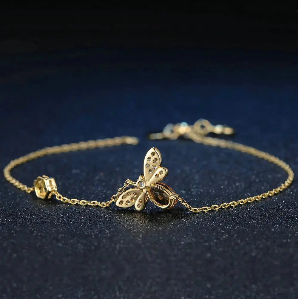 Lovcia 14K Yellow Gold Plated Popular Bee Bracelet with Oval Citrine and Green Peridot, Adjustable Chain-Bracelets-Gold-Gold
