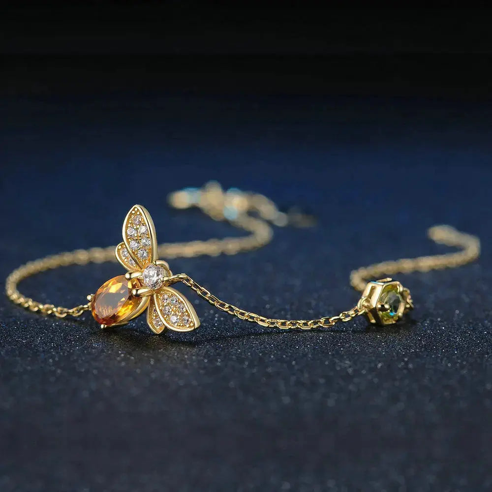 Lovcia 14K Yellow Gold Plated Popular Bee Bracelet with Oval Citrine and Green Peridot, Adjustable Chain-Bracelets-Gold-Gold