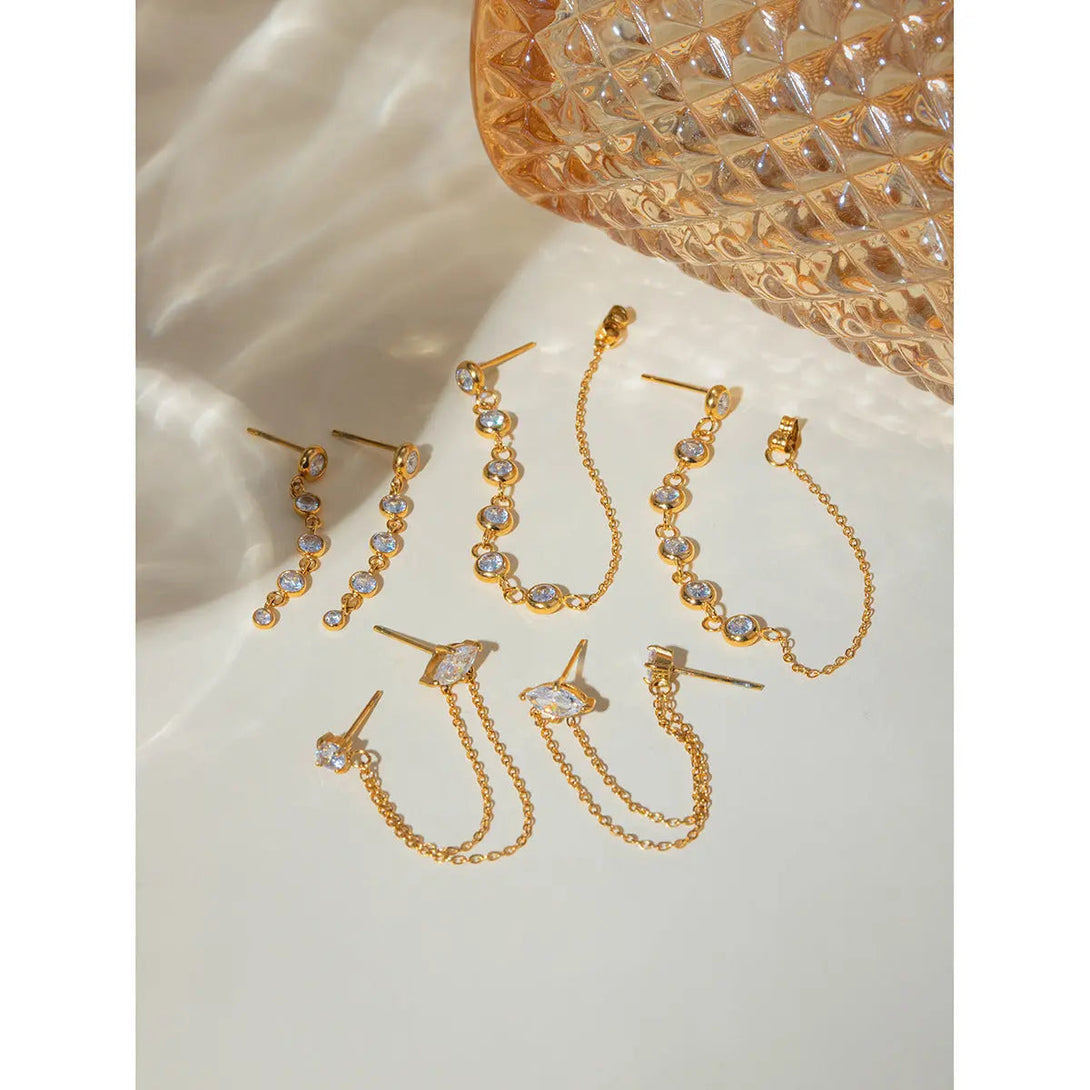 Lovcia 18K Gold Electroplated Stainless Steel Geometric Zircon Tassel Earrings for Women-Earrings-JDEW2405026-JDEW2405026