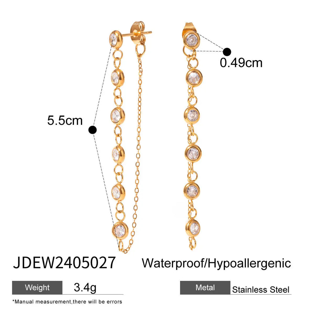 Lovcia 18K Gold Electroplated Stainless Steel Geometric Zircon Tassel Earrings for Women-Earrings-JDEW2405027-JDEW2405027