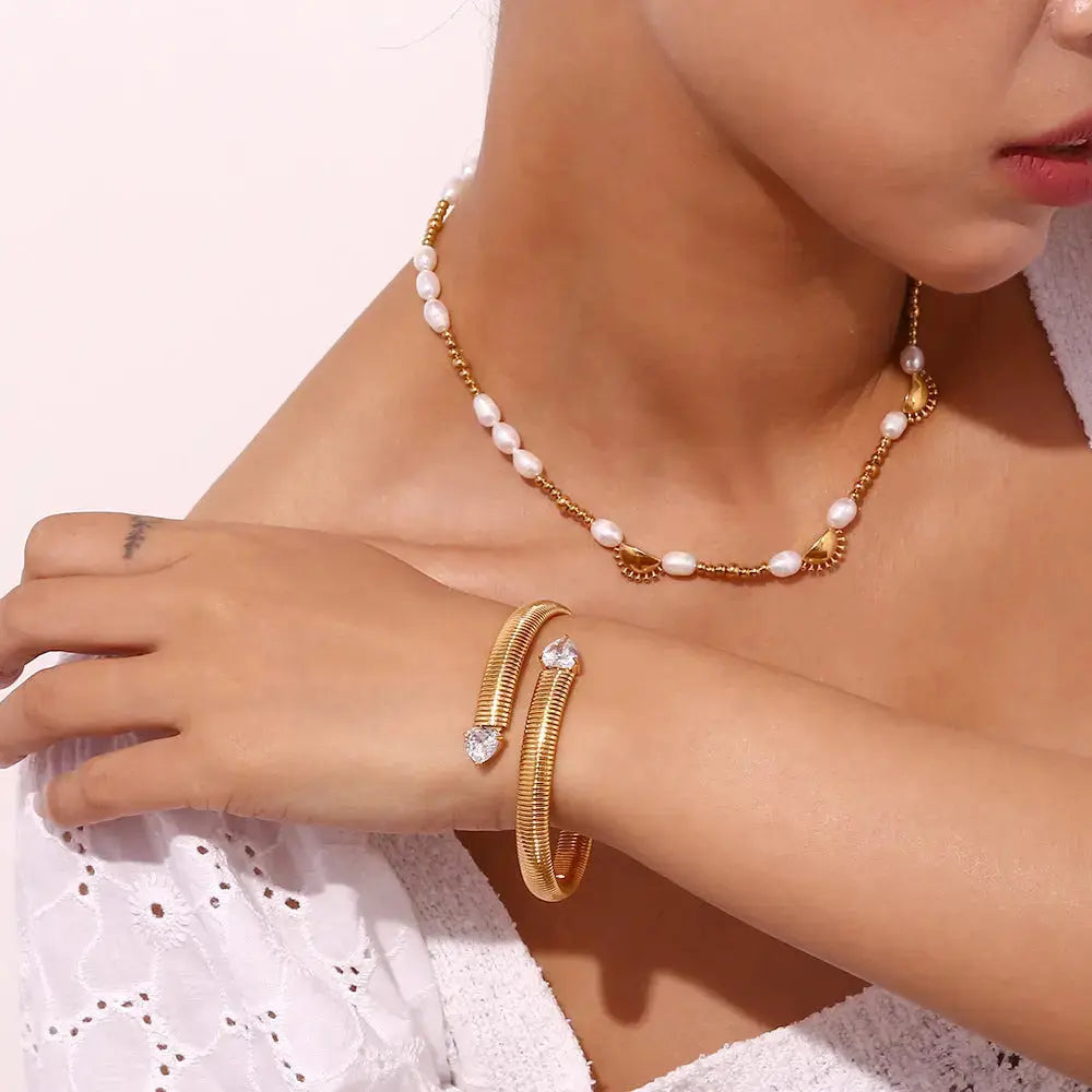Lovcia 18K Gold Plated Coiled Open Cuff Bracelet for Women with Heart Shaped Zircon Crystals-Bracelets-Gold-Gold