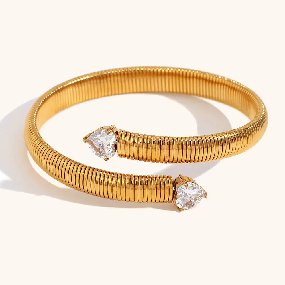 Lovcia 18K Gold Plated Coiled Open Cuff Bracelet for Women with Heart Shaped Zircon Crystals-Bracelets-Gold-Gold