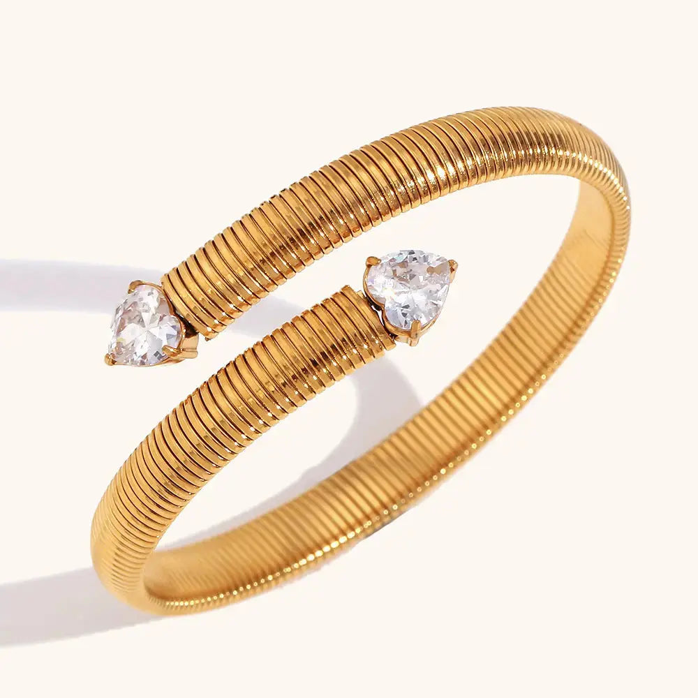Lovcia 18K Gold Plated Coiled Open Cuff Bracelet for Women with Heart Shaped Zircon Crystals-Bracelets-Gold-Gold