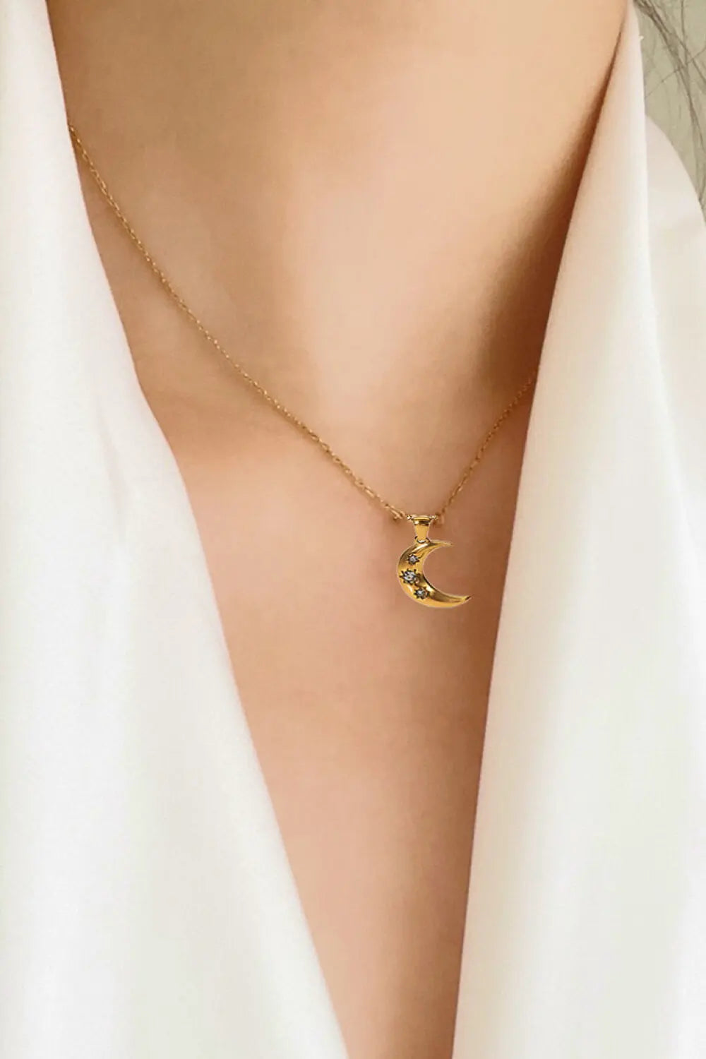 Lovcia 18K Gold Plated Inlaid Zircon Moon Pendant Necklace-Necklaces-Gold-One Size-Gold