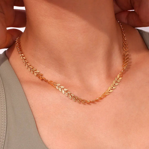 Lovcia 18K Gold Plated Leaf Fishtail Chain Stainless Steel Necklace for Women-Necklaces-Necklace-Necklace