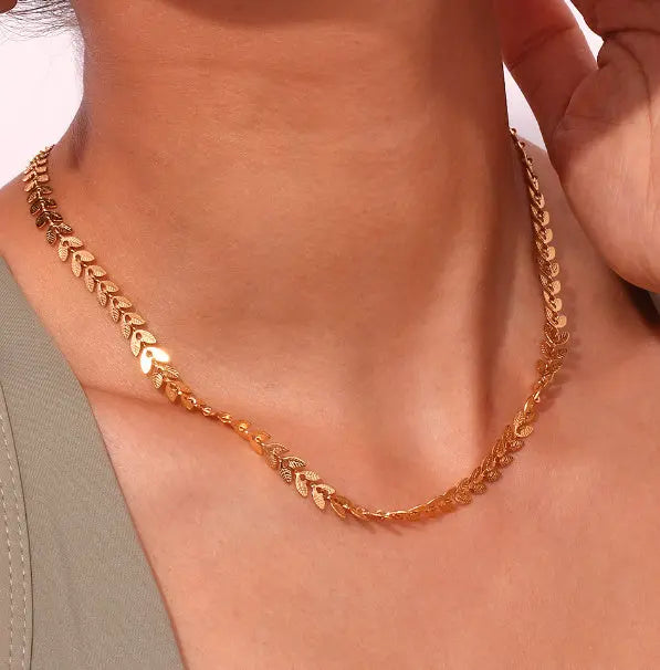 Lovcia 18K Gold Plated Leaf Fishtail Chain Stainless Steel Necklace for Women-Necklaces-Necklace-Necklace