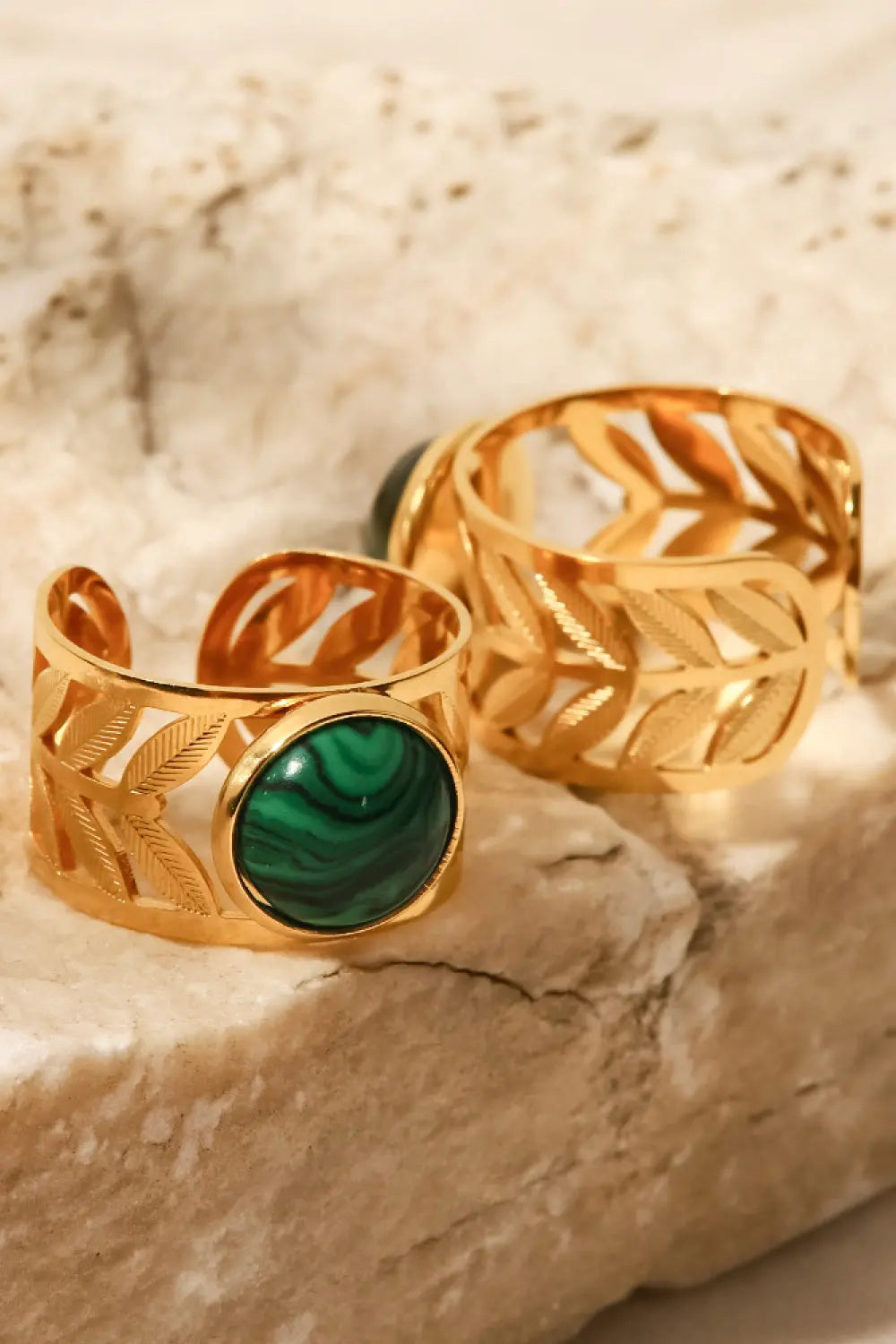 Lovcia 18k Gold Plated Malachite Leaf Ring-Rings-Malachite-One Size-Malachite