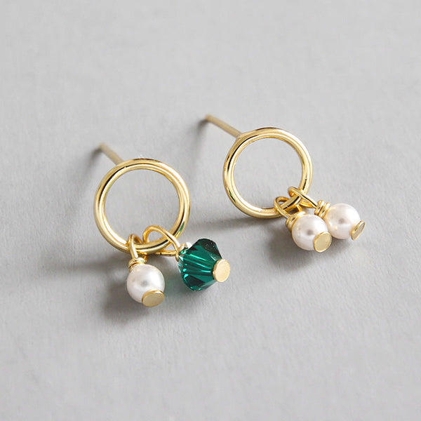 LOVCIA Natural Pearl and Green CZ Asymmetrical Stud Earrings in 18K Gold-Plated 925 Sterling Silver