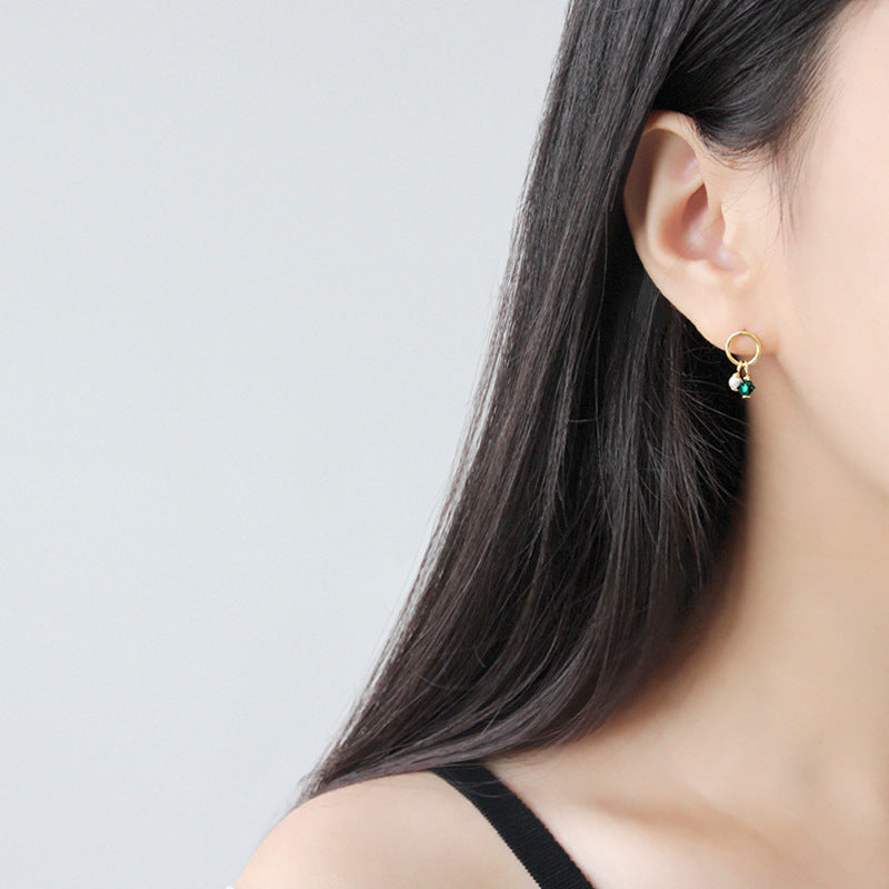 LOVCIA Natural Pearl and Green CZ Asymmetrical Stud Earrings in 18K Gold-Plated 925 Sterling Silver