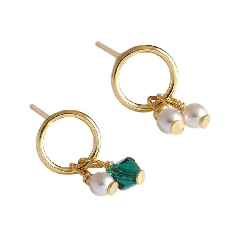 LOVCIA Natural Pearl and Green CZ Asymmetrical Stud Earrings in 18K Gold-Plated 925 Sterling Silver