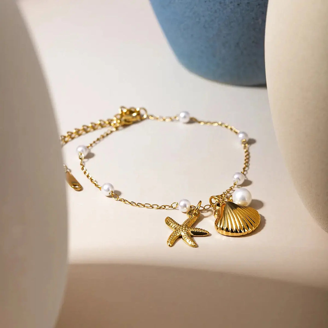 Lovcia 18K Gold Plated Pearl Shell Starfish Bracelet - Stainless Steel Chain, Summer Beach Jewellery for Women-Bracelets-GOLD_JDB2403010-GOLD_JDB2403010