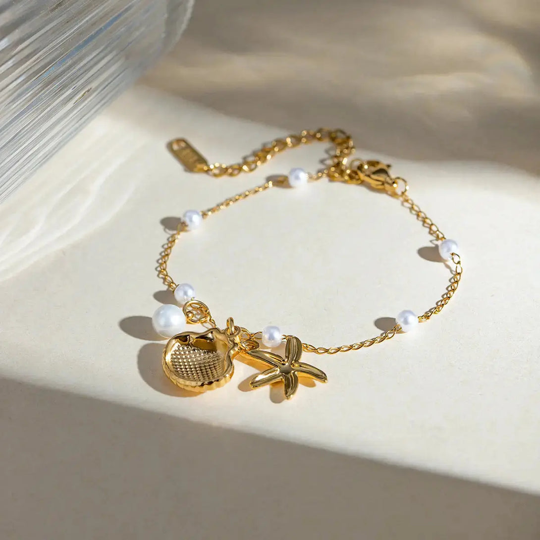 Lovcia 18K Gold Plated Pearl Shell Starfish Bracelet - Stainless Steel Chain, Summer Beach Jewellery for Women-Bracelets-GOLD_JDB2403010-GOLD_JDB2403010