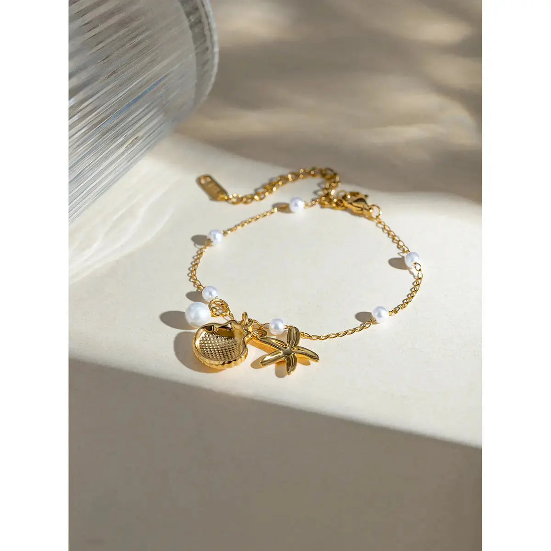 Lovcia 18K Gold Plated Pearl Shell Starfish Bracelet - Stainless Steel Chain, Summer Beach Jewellery for Women-Bracelets-GOLD_JDB2403010-GOLD_JDB2403010
