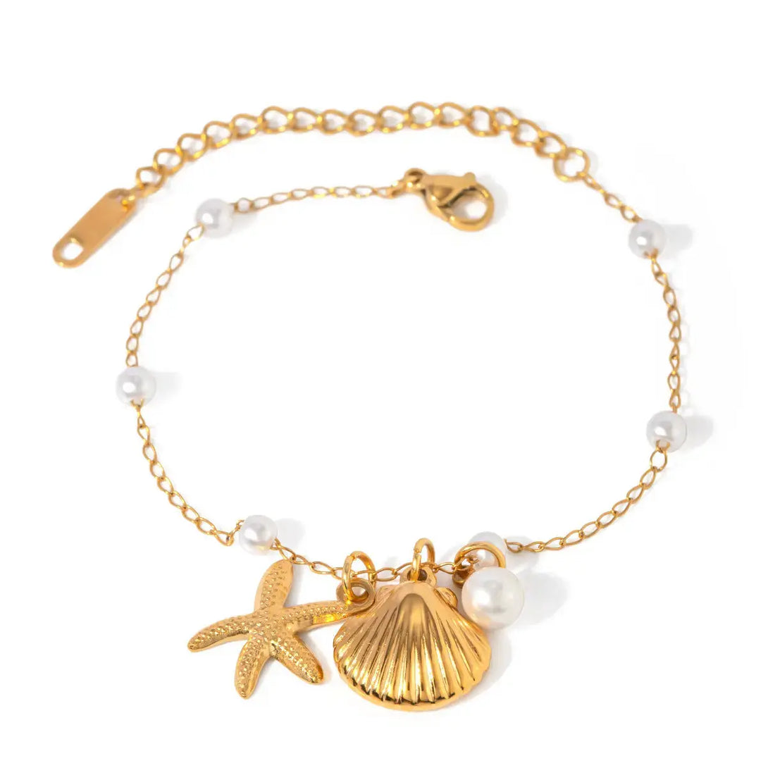 Lovcia 18K Gold Plated Pearl Shell Starfish Bracelet - Stainless Steel Chain, Summer Beach Jewellery for Women-Bracelets-GOLD_JDB2403010-GOLD_JDB2403010