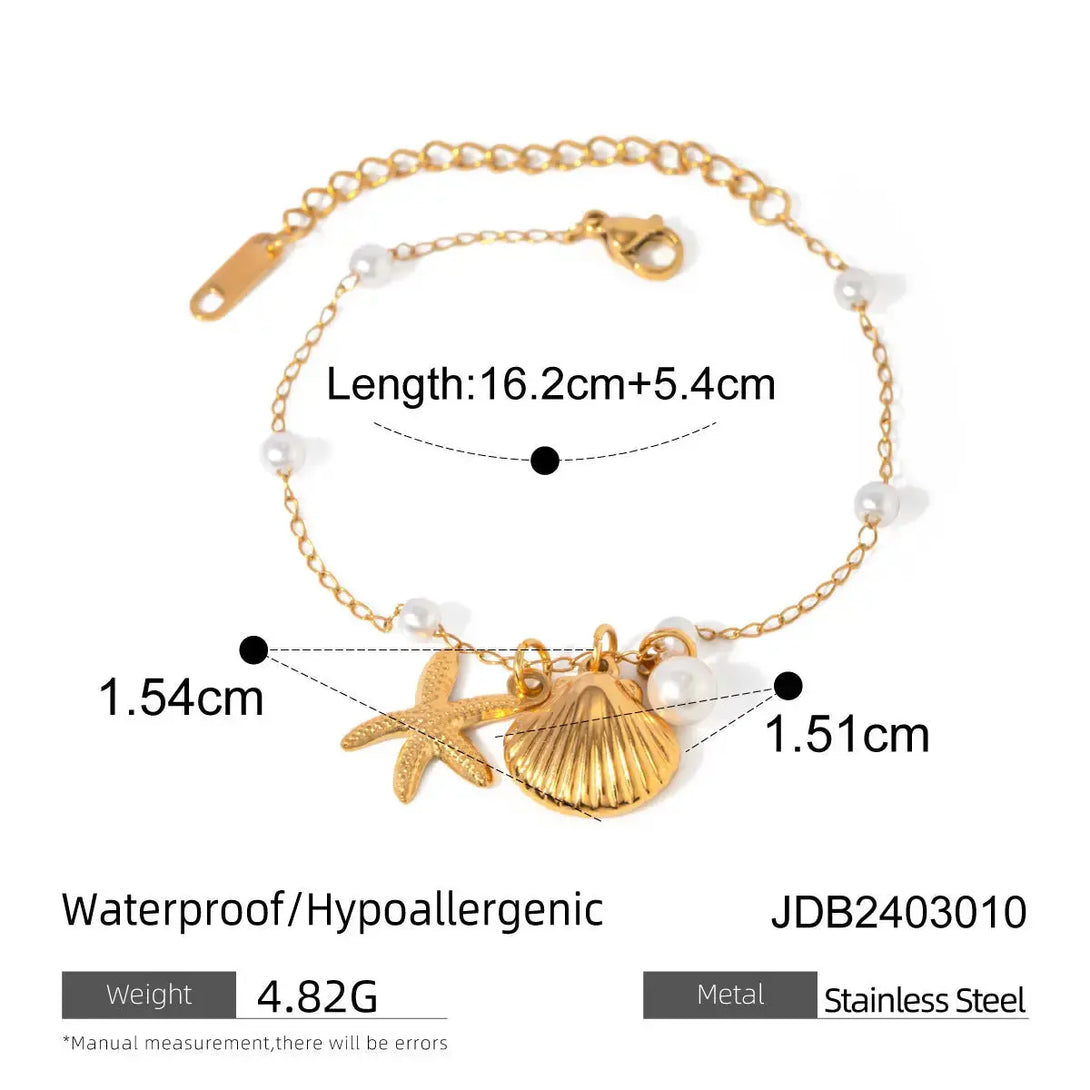 Lovcia 18K Gold Plated Pearl Shell Starfish Bracelet - Stainless Steel Chain, Summer Beach Jewellery for Women-Bracelets-GOLD_JDB2403010-GOLD_JDB2403010