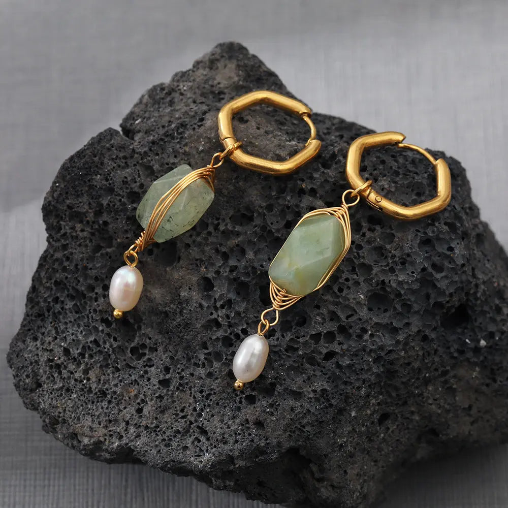Lovcia 18K Gold Plated Stainless Steel Geometric Dangle Earrings with Pearls for Women-Earrings-Long Earrings-Long Earrings