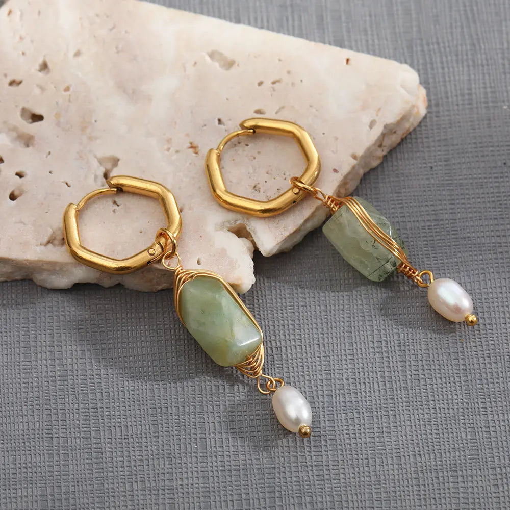 Lovcia 18K Gold Plated Stainless Steel Geometric Dangle Earrings with Pearls for Women-Earrings-Long Earrings-Long Earrings