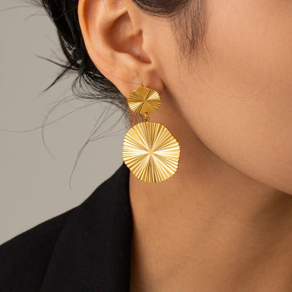 Lovcia 18K Gold-Plated Stainless Steel Geometric Round Pendant Women's Large Earrings-Earrings-JDEW2308044-JDEW2308044